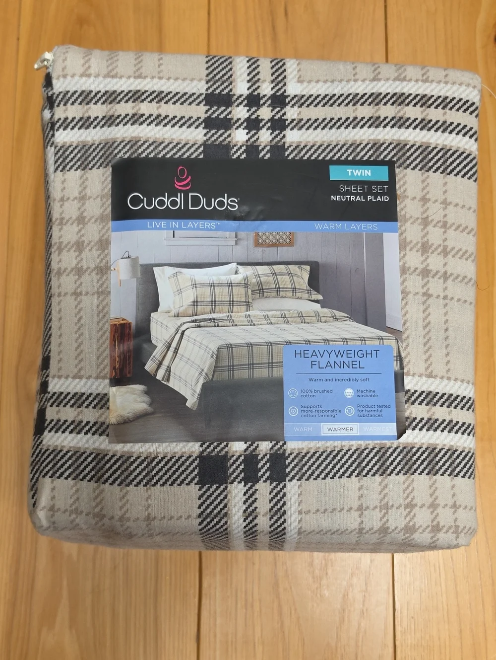 Cuddl Duds Twin Heavyweight Flannel Sheet Set - Neutral Plaid
